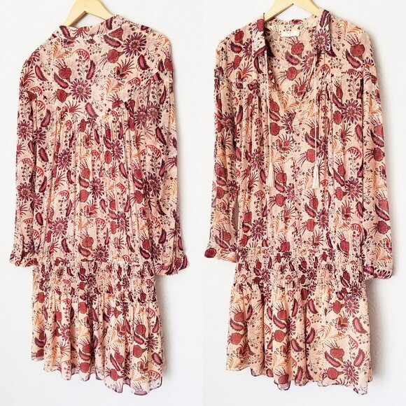 Ba&sh Yanis Mini Dress in Nude Red Paisley Smocked Drop Waist Floral L Sz 3 $320 - Picture 4 of 16